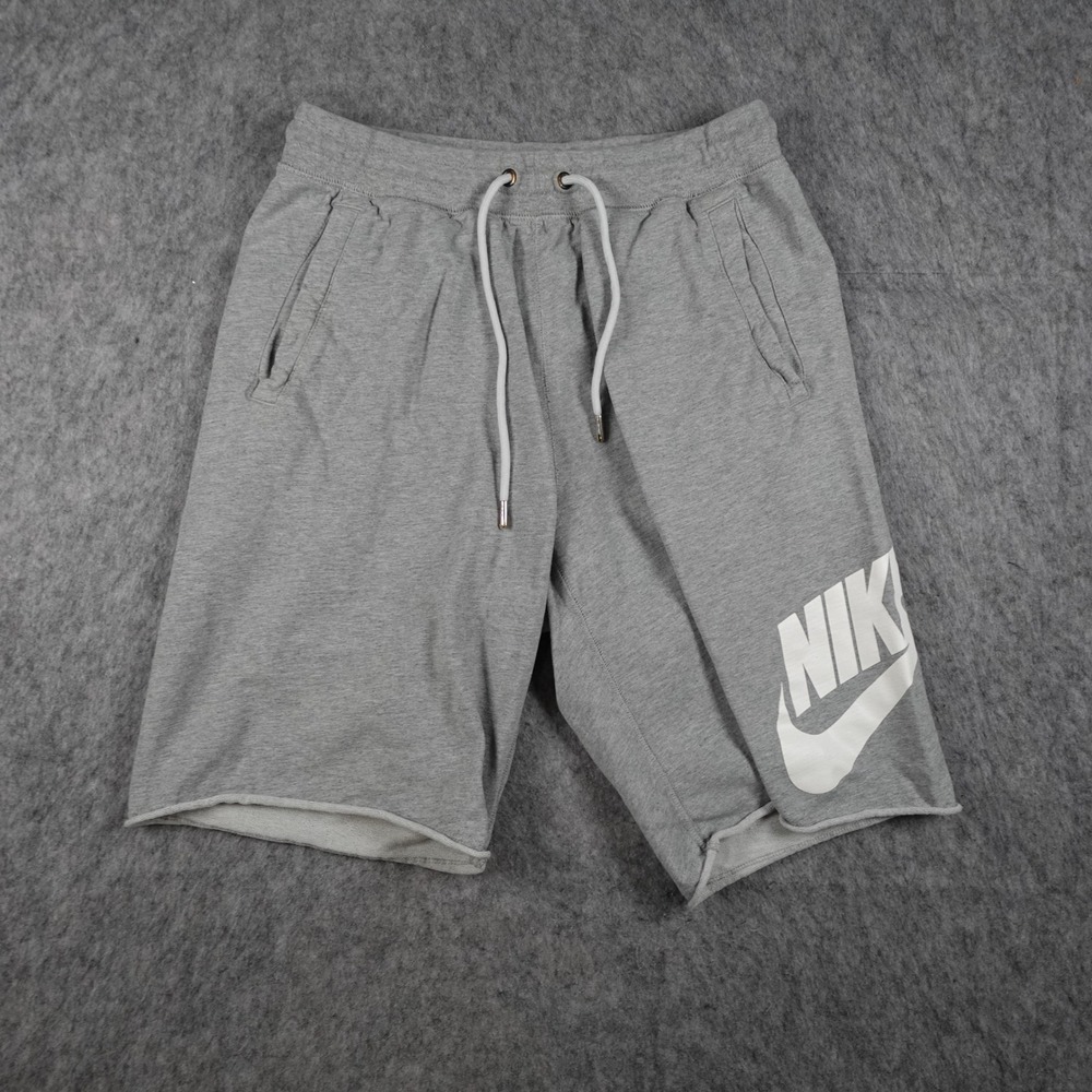 Nike Shorts Mens Medium Gray Graphic Logo Raw Hem Fleece Drawstring Sweat Shorts